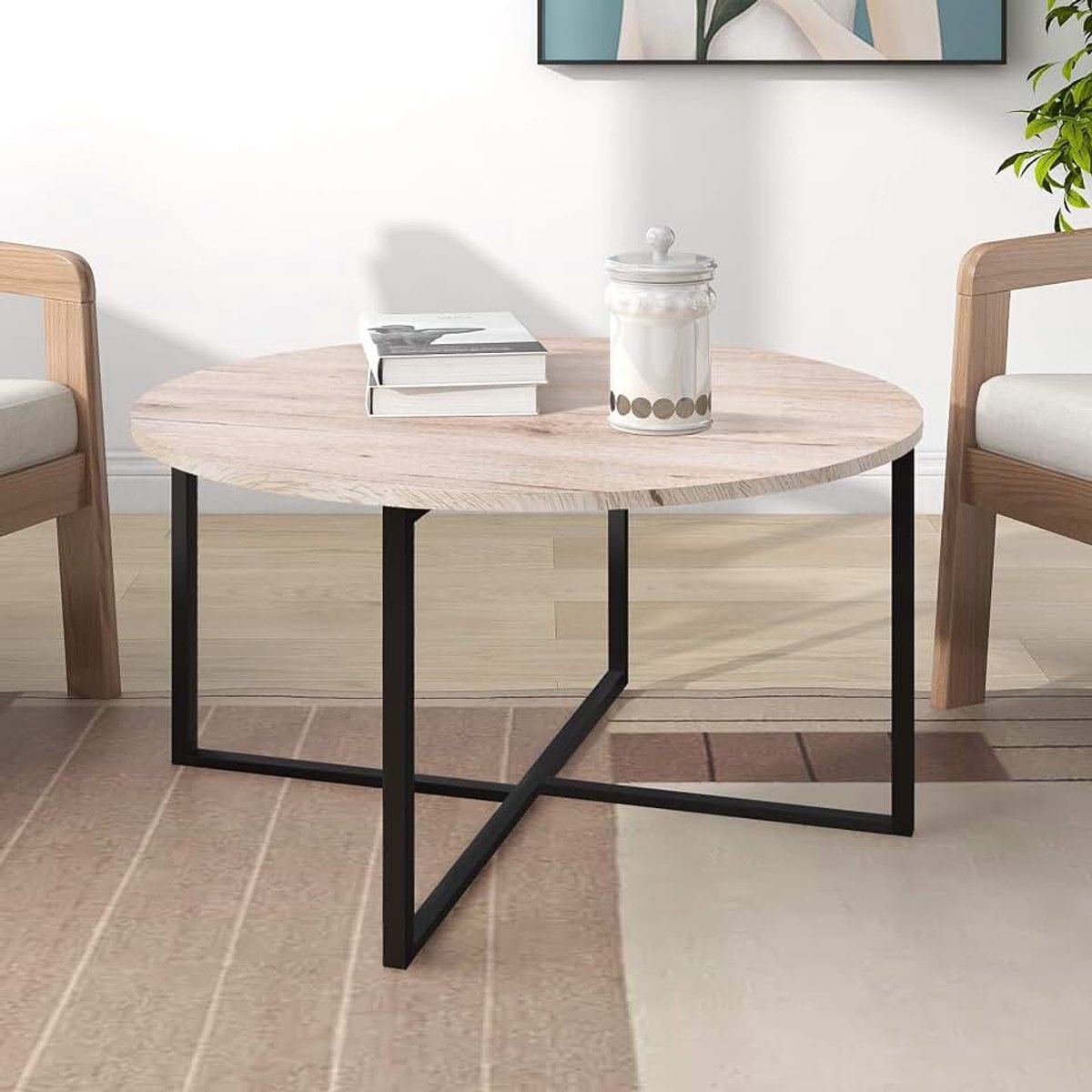 Ronde salontafel theetafel ronde salontafel voor woonkamer met metalen poten, zwart+wit eiken