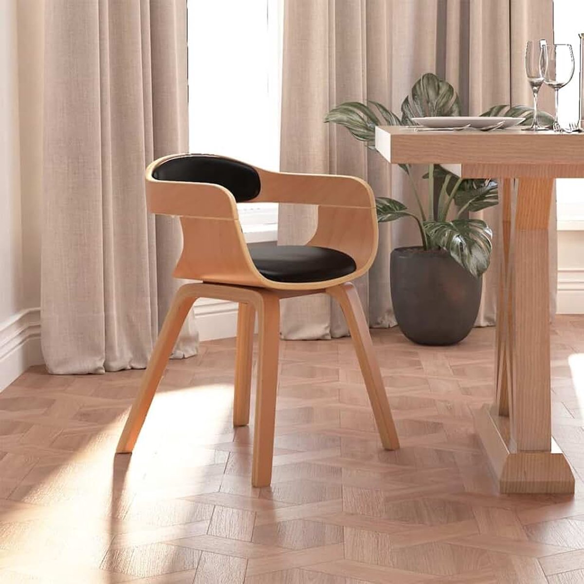 Zwarte eetkamerstoel van gebogen hout en kunstleer, eetkamerstoelen voor tuin, tuinmeubels, terrasmeubels