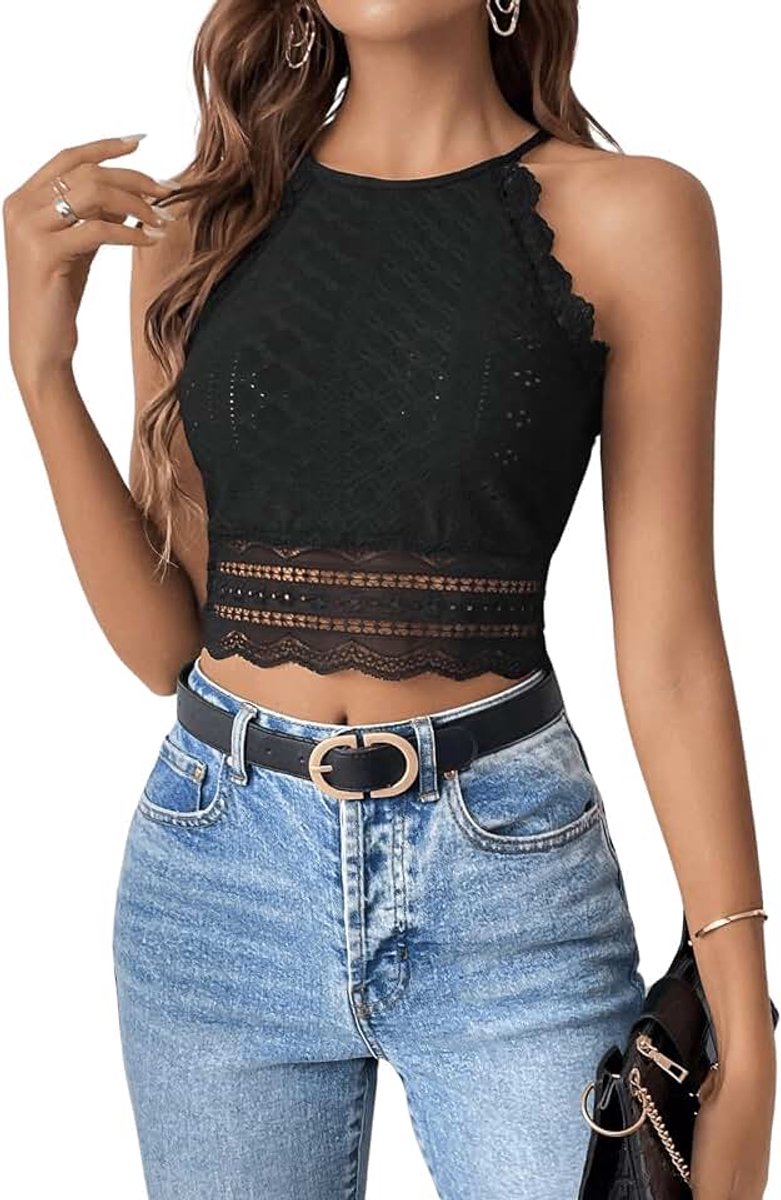 Kanten top voor dames, elegante crop top met kant, haltertop, buikvrij, korte top