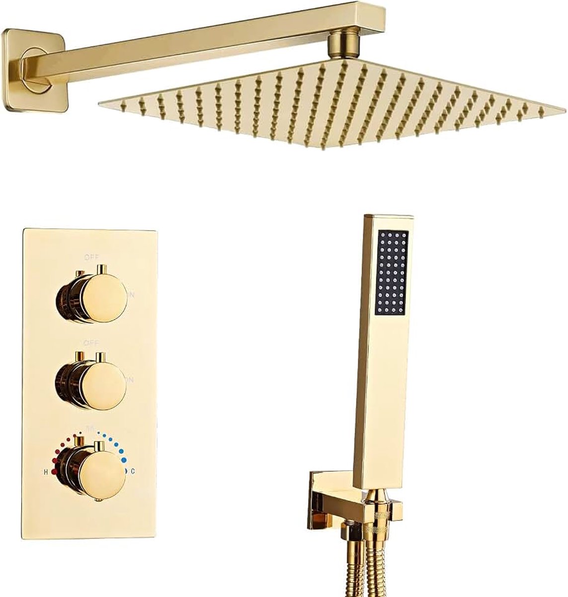 Inbouwdoucheset met Thermostaat, Gepolijst Goud | Vierk. 30x30cm regendouche, 1,5m slang; gemakkelijk reinigbare siliconen mondstukken; geen muurschade bij reparatie