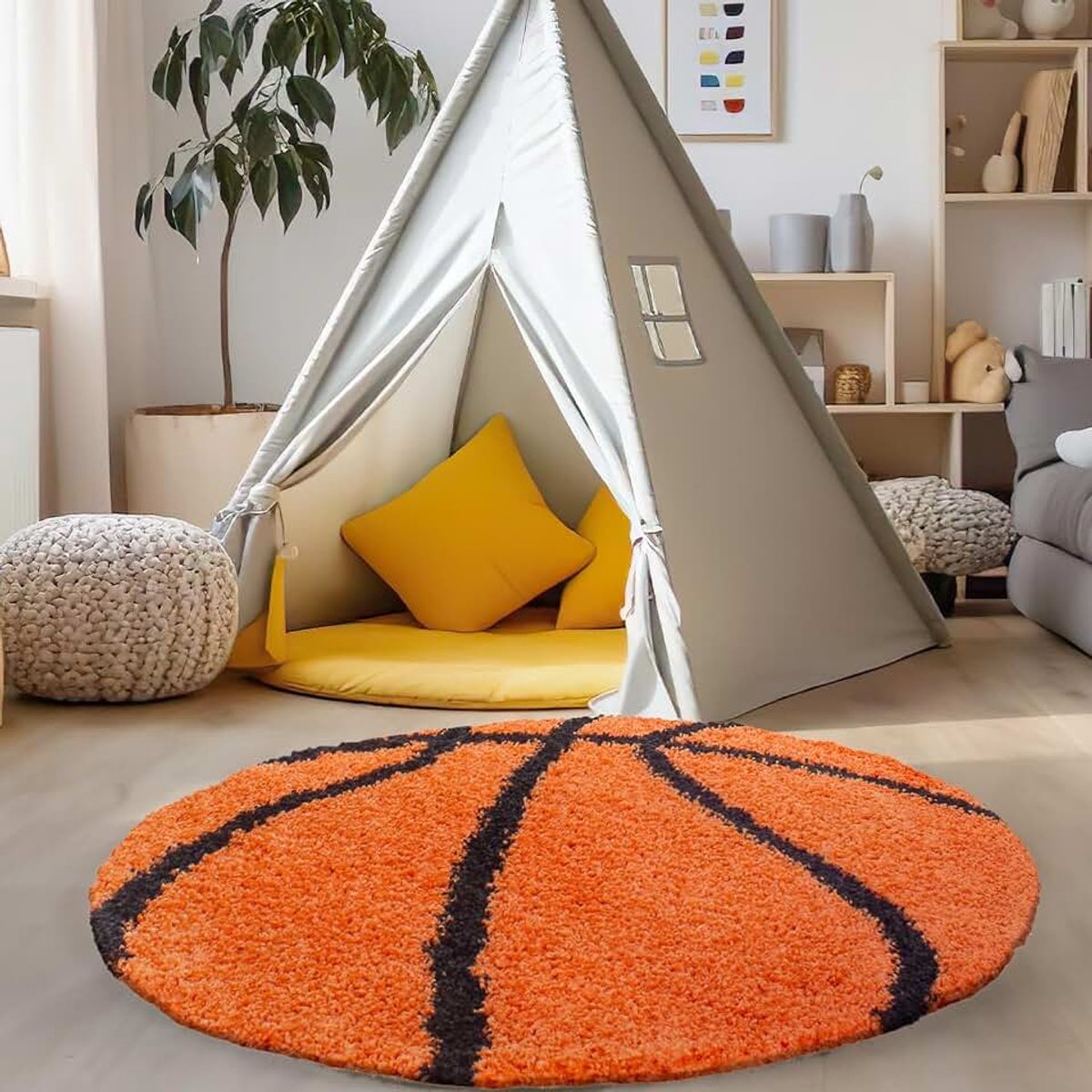 Kindertapijt in de vorm van een basketbal voor de kinderkamer, pluizig en superzacht., Kleur: Oranje, Maat: 120 cm Rotondo