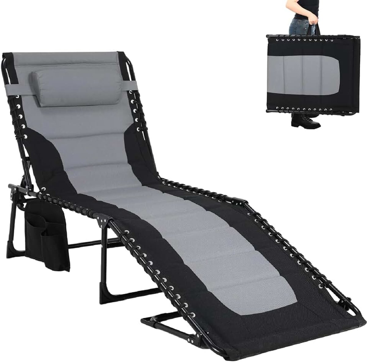 Ligstoel met hoofdsteun, zijzak en 5-voudig verstelbare rugleuning, 150 kg draagvermogen, tuinstoel, strandstoel, loungestoel, campingstoel, ligstoel voor buiten (1)