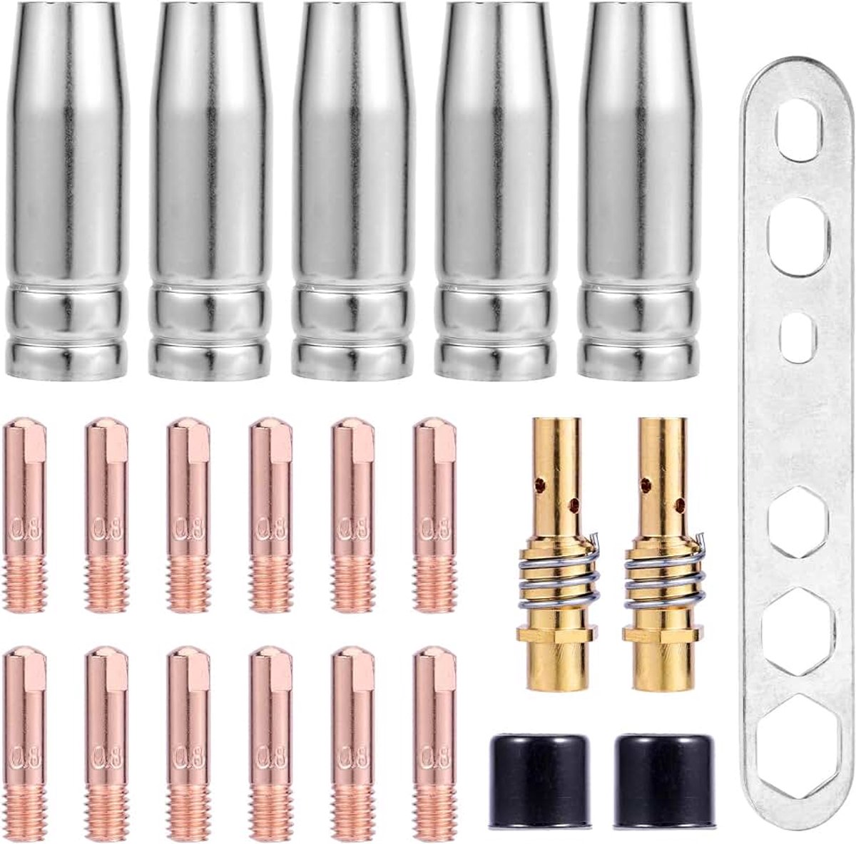 22-delig MIG MAG lasbrander slijtdelen set, onderdelen set zoals mondstukken, beschermkappen, 2 verbindingsstangen en meer, compatibel met MB15AK, voor industrieel gebruik, lassen (22)