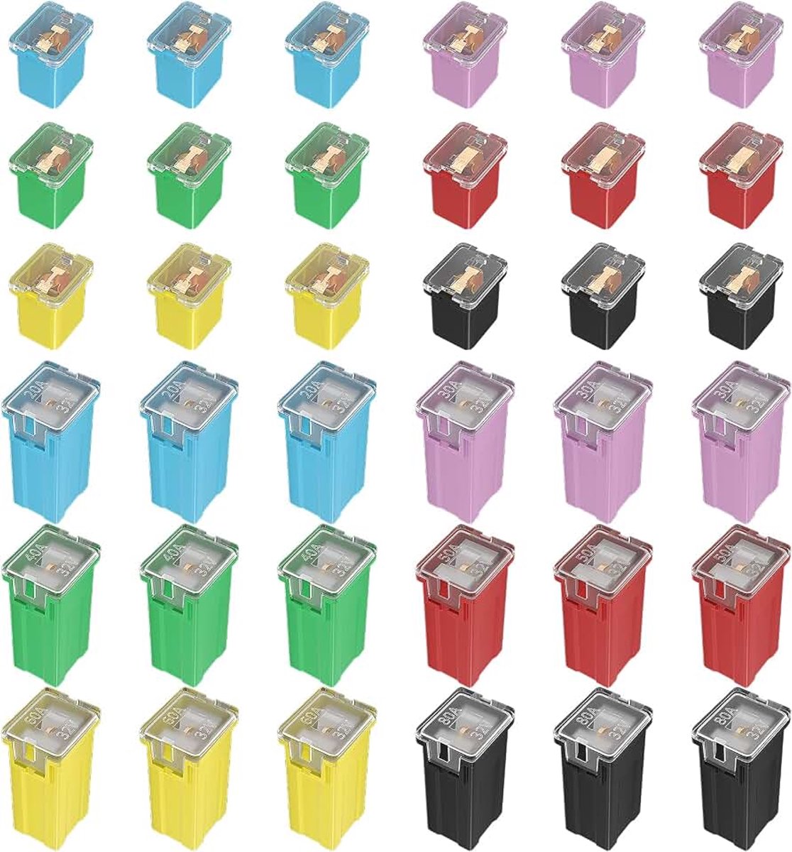 36-delig JCase zekeringssortiment – hoog, standaard en plat (Low Profile) JCase steekzekeringen (20A, 30A, 40A, 50A, 60A, 80A) – geschikt voor Ford, Chevy/GM, Nissan en Toyota