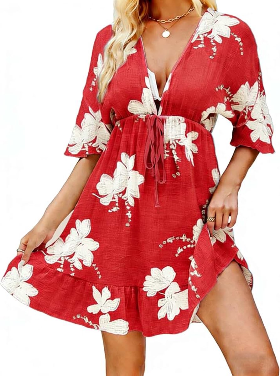 Mujer Ropa de Baño Vestido Suelto Vestidos Cordón en La cintura Ropa de Playa Cuello en V Bikini Transparant Algodón Cover Up