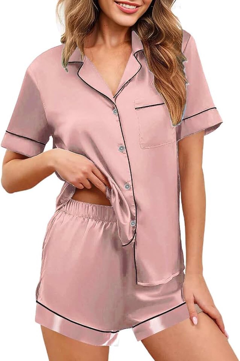 Zomerpyjama voor dames, kort, 2-delig, pyjamaset voor dames, met knopen, korte mouwen, nachtkleding van satijn