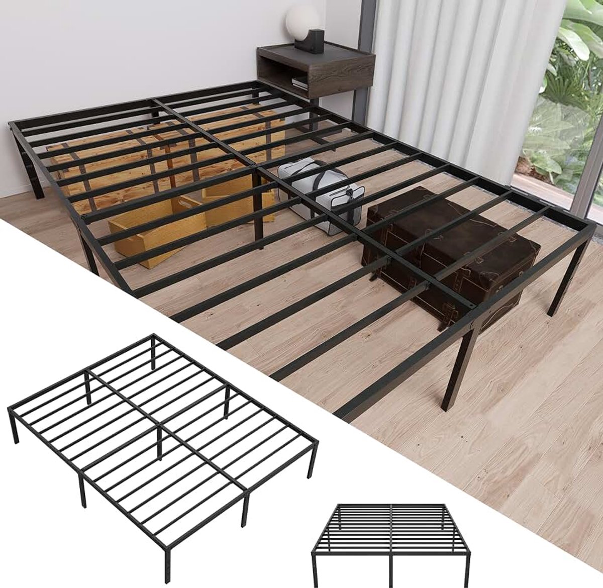 Bedframe metalen bed met lattenbodem, bedframe van metaal, tweepersoonsbed 140 x 200 cm, slaapkamerbed met opbergruimte onder het bed