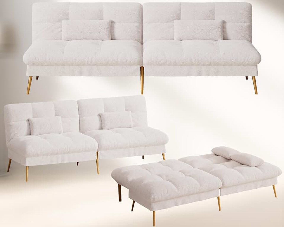 Sofabed met slaapfunctie, omvormbaar, futonhoes, hoekbank, 3-zits logeerbank, met verstelbare rugleuning, in pluchestof, wit