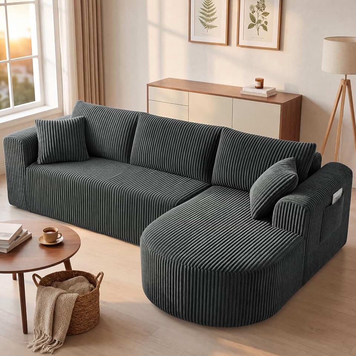 Hoekbank met slaapfunctie, 243 cm, corduroy, modulaire boneless bank met chaise longue, L-vormige slaapbank, sectionele banken met kussen en zijzakken, bank voor woonkamer, geen montage, grijs