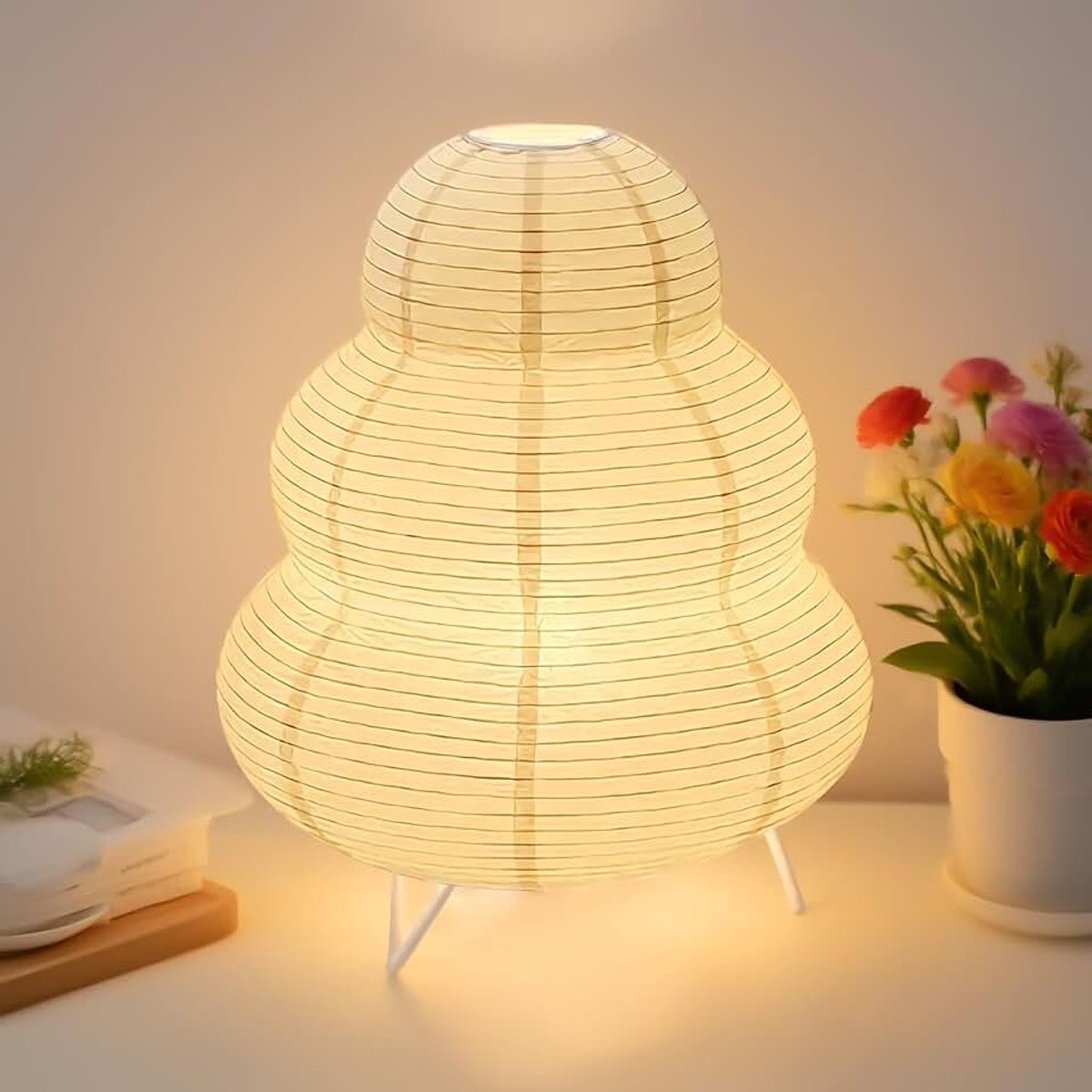 Lampenkap, Papier Tafellamp Wit Nachtlampje Staande Lamp Tafellamp Lampenkap met E14 Fitting, Schakelaar en Gloeilamp, Hanglamp Vervangende Lampenkap 1,5m kabel, H 26cm