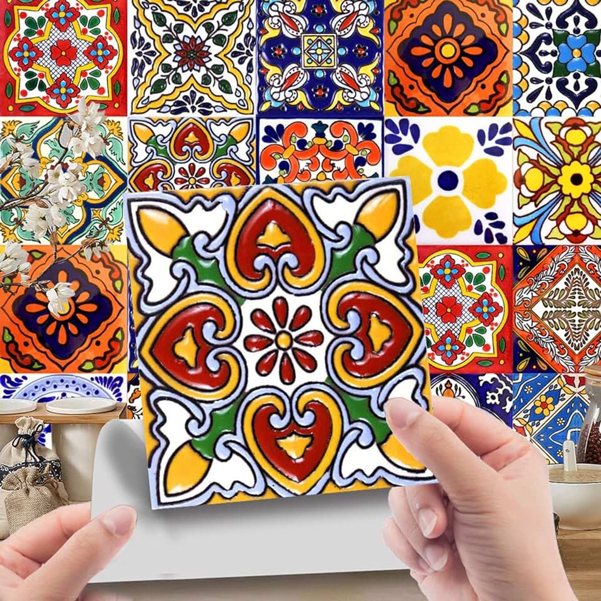 Tegelstickers, kleurrijke wandtegelstickers, doe-het-zelf Marokkaanse tegelstickers, zelfklevend behang voor keuken en woonkamer (20 x 20 cm)