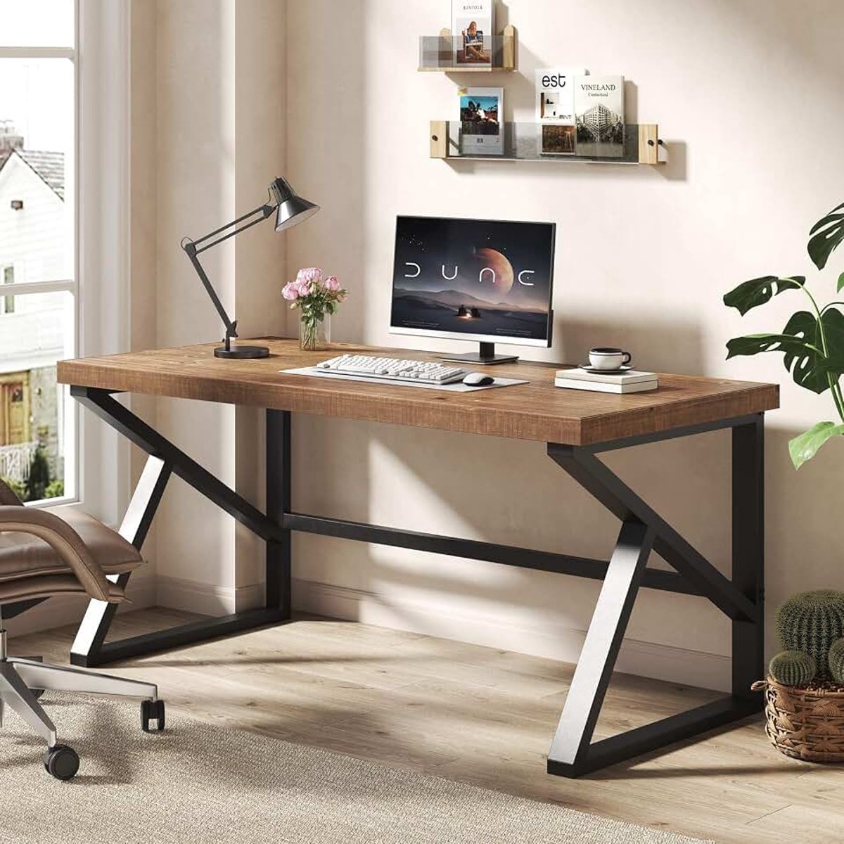 Massief echt houten computerbureau, 152,4 cm rustiek natuurlijk hout bureau voor thuiskantoor en woonkamer, industriële executive werkstation