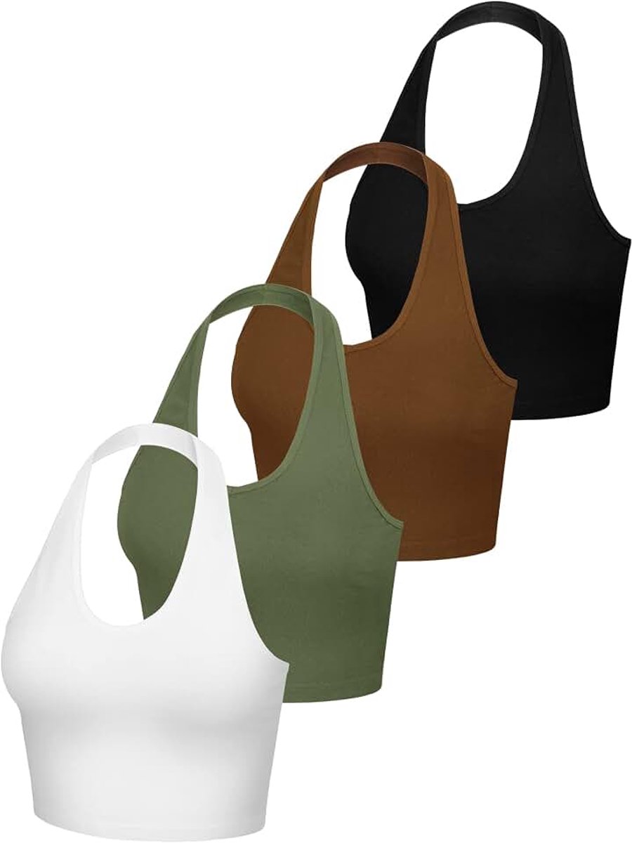 Set van 4 haltertops voor dames, V-hals, crop top, haltertop, tanktops, rugloze crop top, diepe V-hals vest
