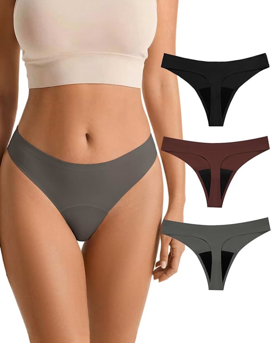 Damesonderbroek voor de menstruatiecyclus, naadloos tangaslipje, absorberend en wasbaar, beschermend ondergoed, 3 stuks