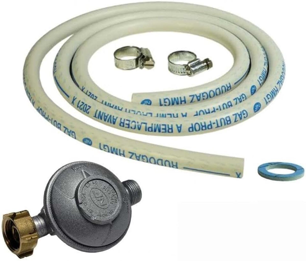 Gasaansluitset voor gasfornuis (zachte slang 1,50 m + fopspeen opzetstuk + Butane expansieventiel 28 mbar)
