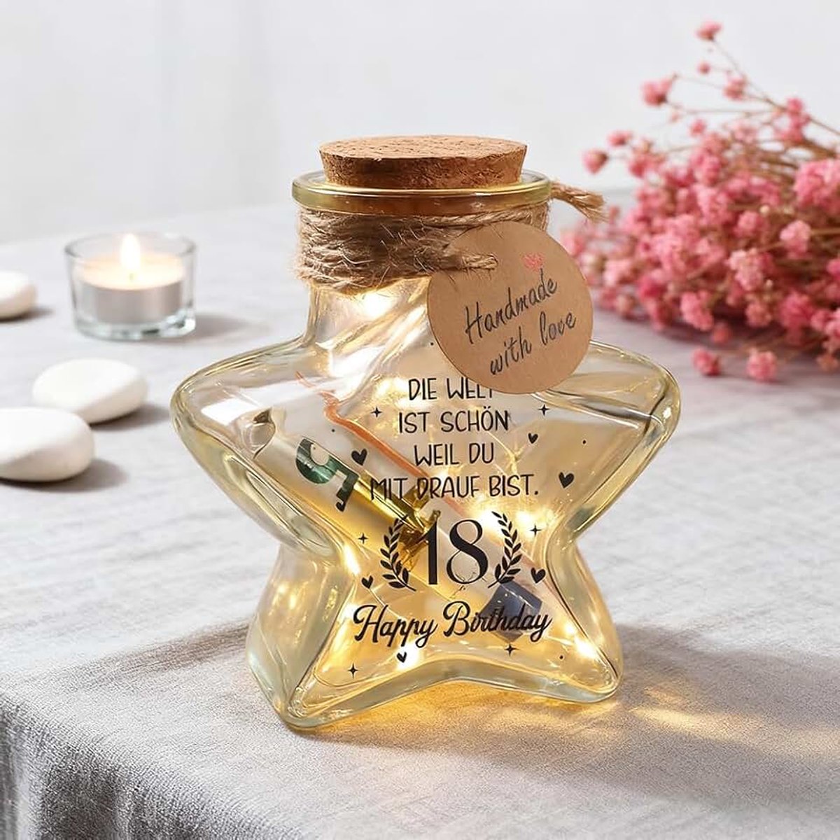 Wensvuller geldgeschenken, decoratiefles met kurk en kleine wensvuller, sticker, glitter, pailletten, cadeau, led-flessenlicht, stervorm, cadeau-ideeën voor familie, vrienden (18)