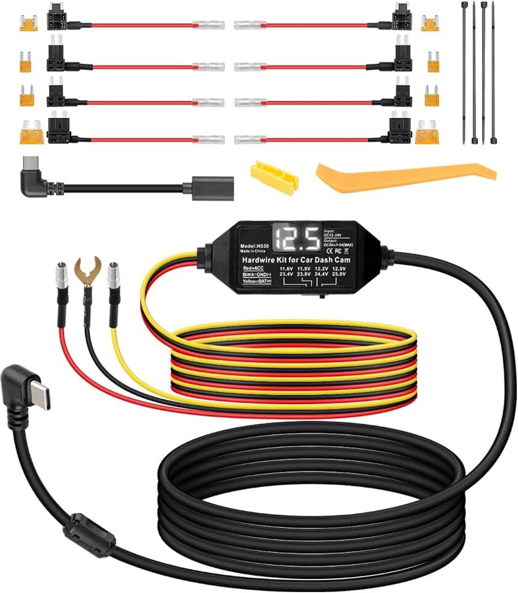 Multi-Size Dash Cam Hardwire Kit met LED-scherm 3-aderige acc hardwire kit voor dashcam 12V-24V naar 5V Type-C harde bedradingsset voedingskabel, ondersteuning ACC-modus (3,5 m)