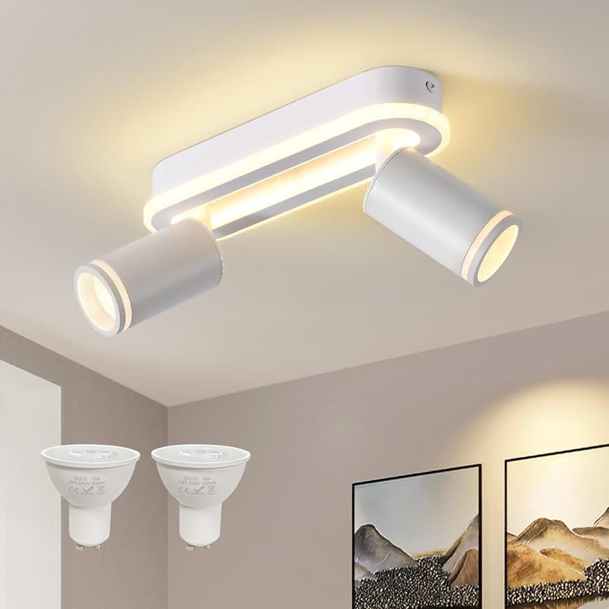 Led-plafondspot, 2 vlammen, 15 W + 2 x 5 W, GU10, 3000 K, wit | Goco Plafondlamp met helderheid onder draaibaar, 350° plafondlamp, slaapkamerlamp, moderne plafond, voor keuken, woonkamer