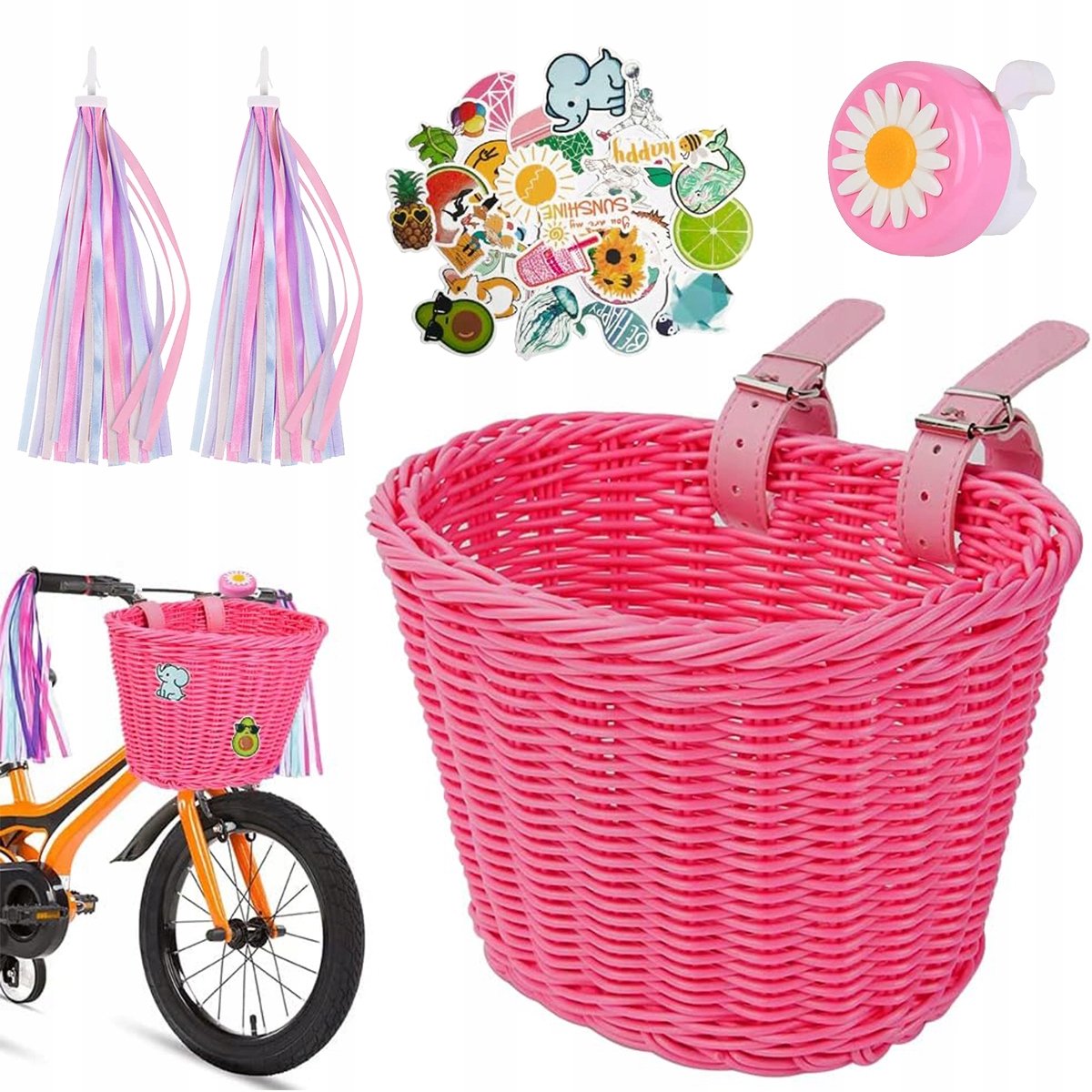 Roze Kinder Fietsmand - Handgeweven rotan met decoraties