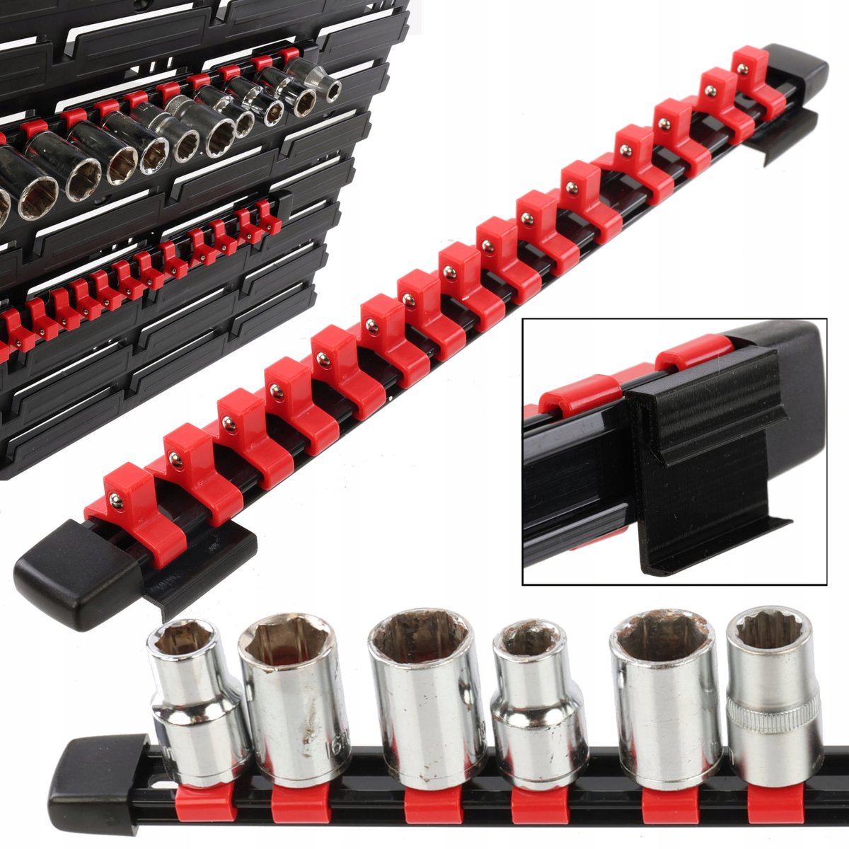 Flessenorganisator Nasadki 3/8" - 15 Borden, 35cm, Zwart/Rood