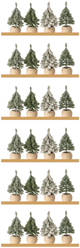 Six rangées de quatre sapins de Noël artificiels dans des pots en osier beige, aux teintes vertes et enneigées.
