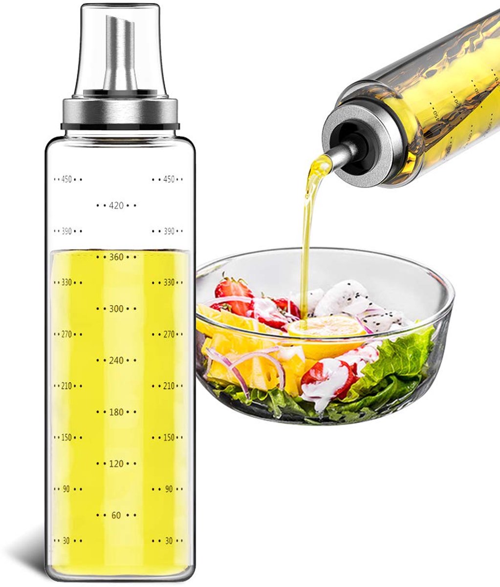 Oliefles glas met 500 ml grote olijfoliedispenser, menage roestvrij stalen schenktuit, glas spijsolie azijn beurs dispenser set voor keuken en grill