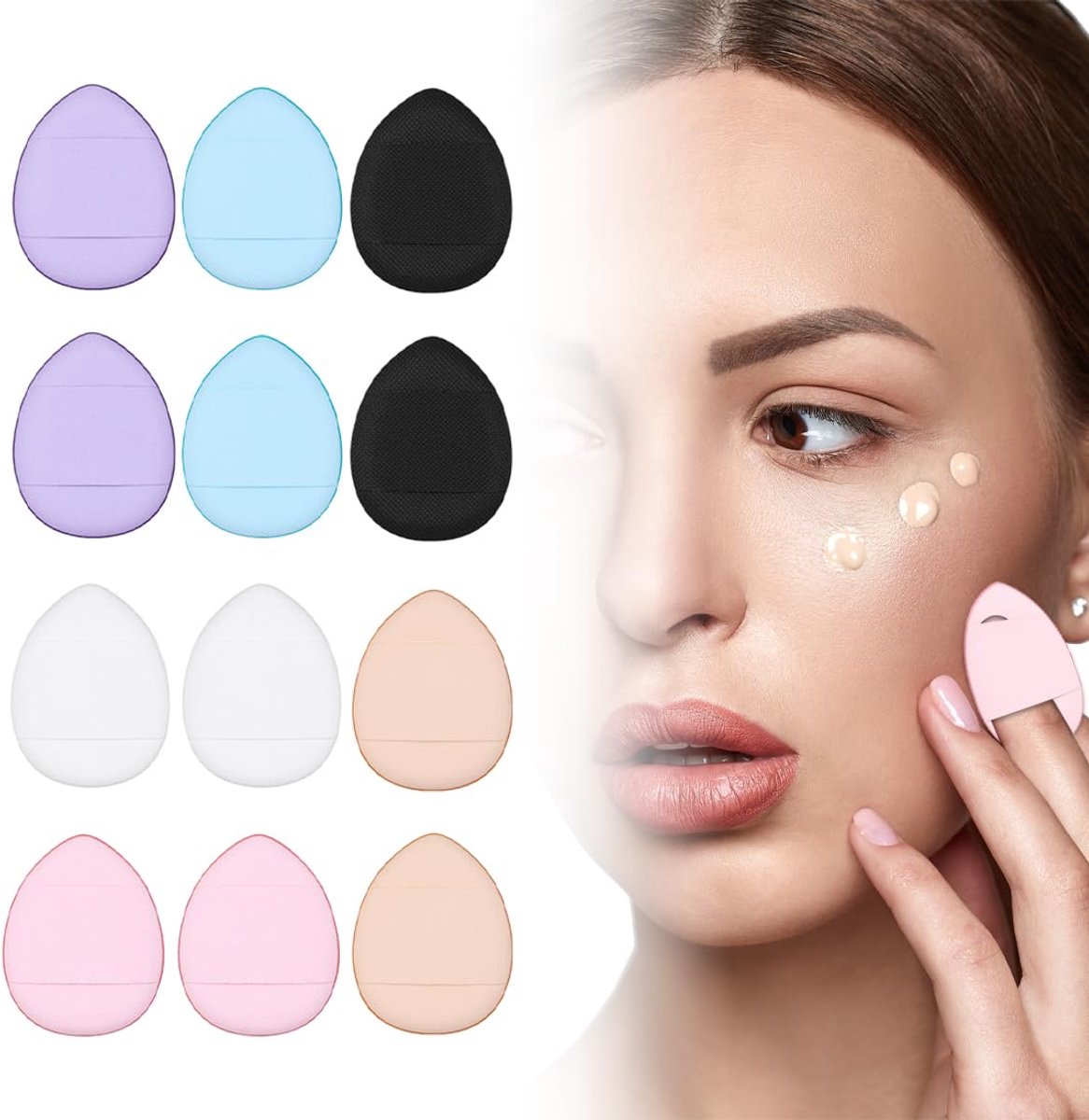 12 stuks mini-poedersponzen, vingersponzen, pofsponzen met vingerhouder, riem, mini-mixer voor schoonheid, gezicht, ogen, make-up voor cosmetische vloeibare foundation