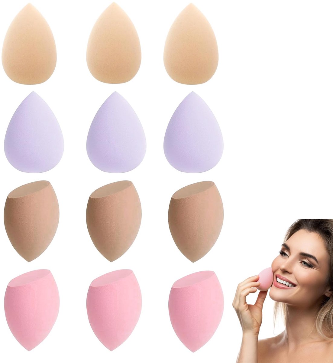 12 stuks mini-make-upsponzen voor vloeistof en crème, voor gezicht en lichaam, nat of droog, voor cosmetische foundation, concealer, accentuering onder de ogen