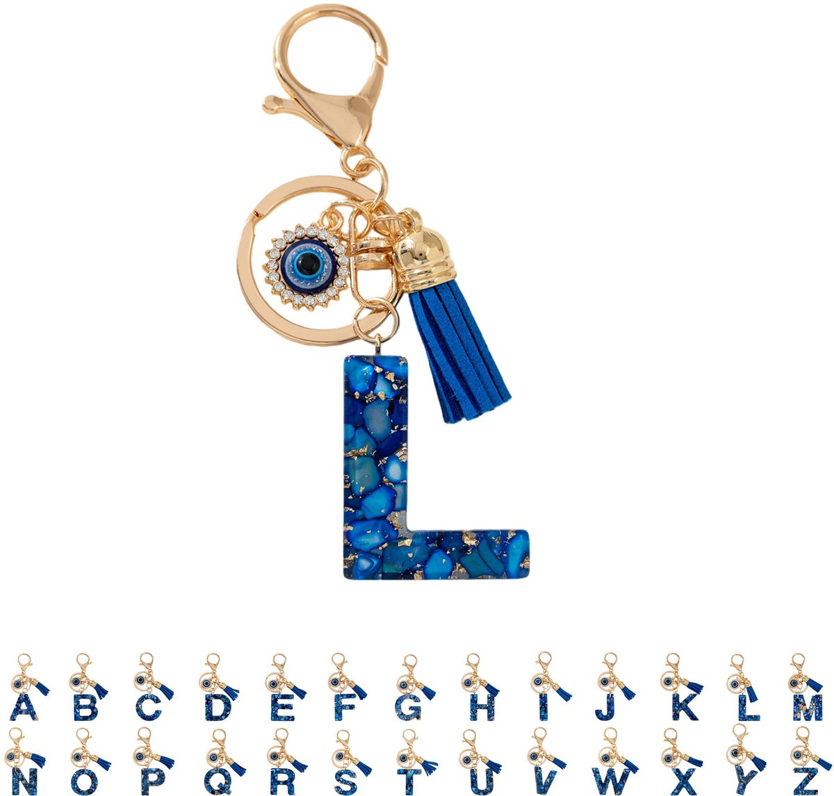 Sleutelhanger met letter voor meisjes, sleutelring met initialen, blauw boze oog, kleine cadeautjes voor vrouwen
