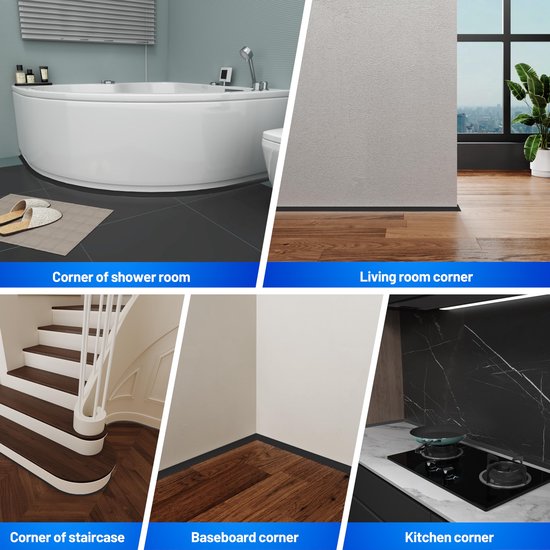Badkamer Afdichtstrip Zelfklevende Plint Afwerking Laminaat Vloer Profiel Hoekstrip voor Tegelrand Muurhoek Keuken Natte Ruimte Bad Waterkering 13x13mm (5M,Zwart) — afbeelding 2