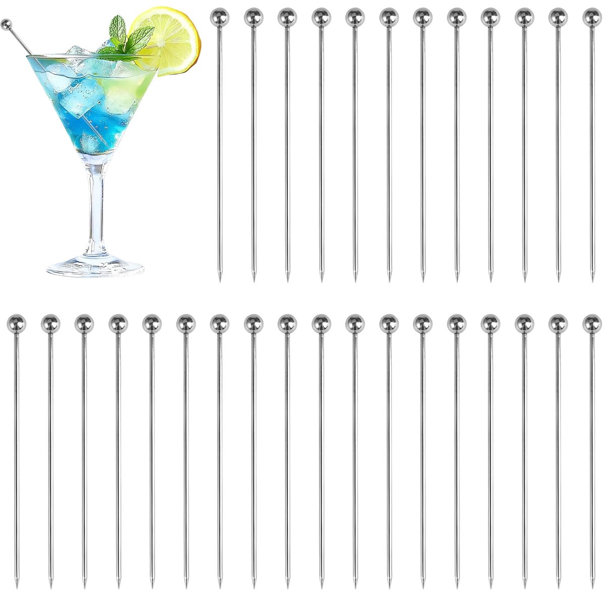 Cocktailspiesen van roestvrij staal, herbruikbaar, 30 stuks, voor cocktails, olijven, antipasti, fingerfood, dessert, party, bar