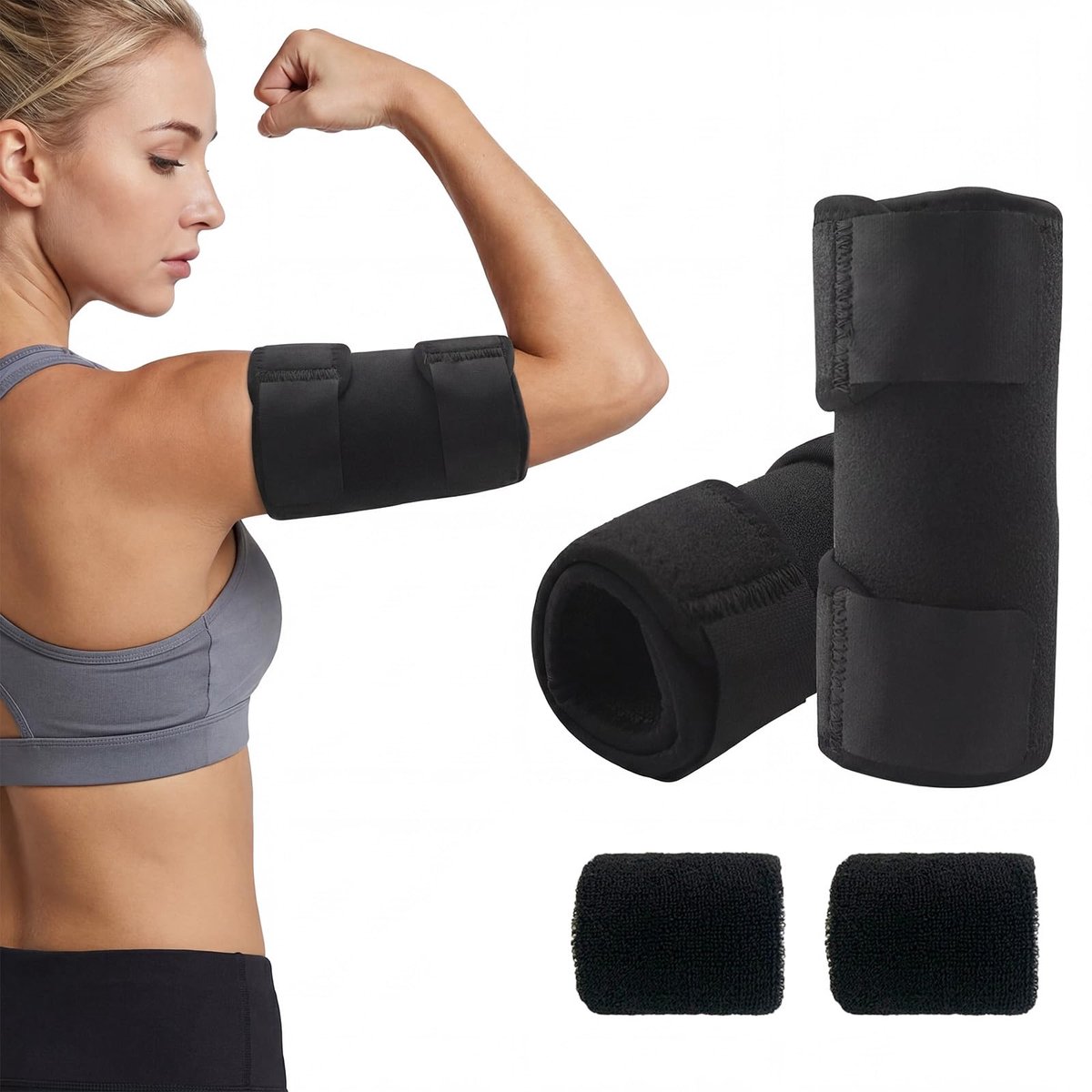 4-delige set, 2 x verstelbare bovenarmbandage, 2 x zweetband polsband, compressie armsteun en zweetabsorptie, voor training, fitness, dagelijks gebruik, mannen en vrouwen sportarmbanden en