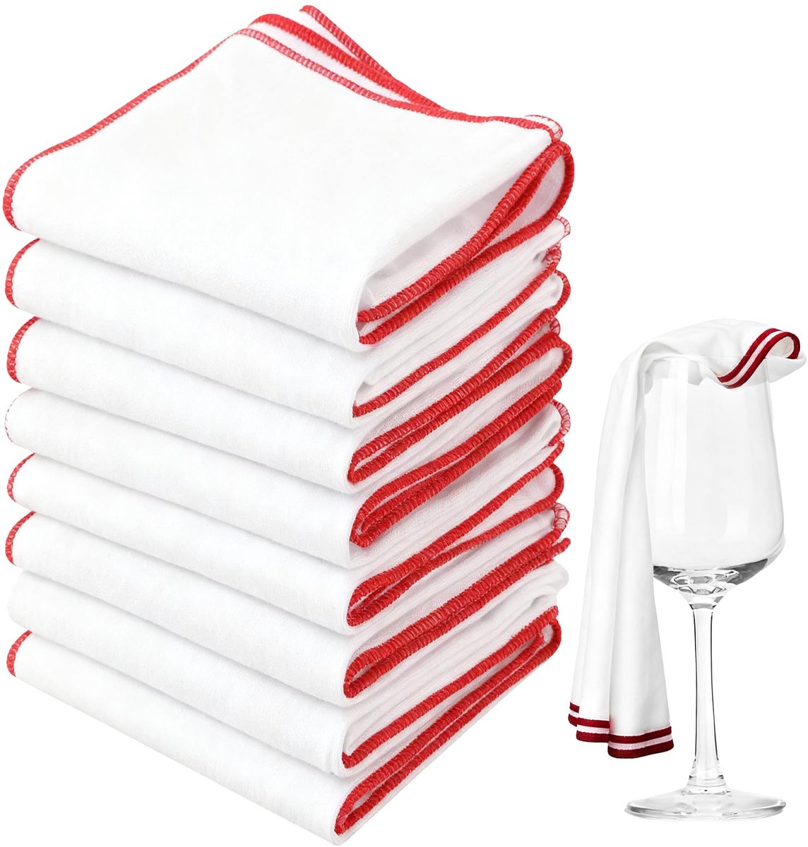 Polijstdoek voor wijnglas, 8 stuks, 40 x 60 cm, grote microvezel polijstdoek voor glas, herbruikbare wijnglas, glasdoek, streepvrij, microvezel, witte wijnglazen, doeken met rode rand