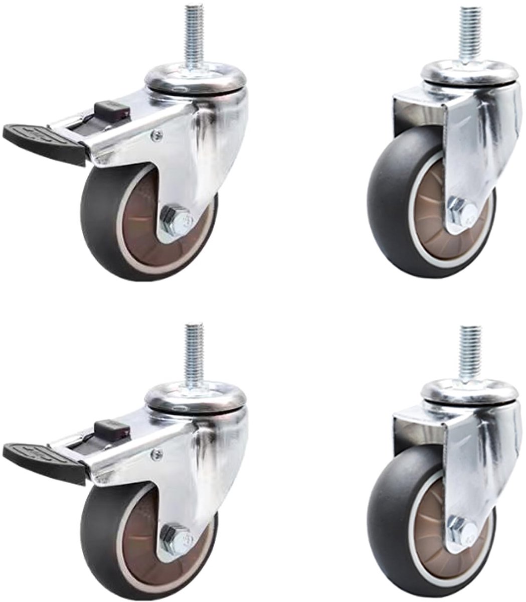 Zwenkwielen voor meubels, klein, 2 wielen met rem en 2 zonder remmen, 360° draaibaar, antislip rubberen wielen voor binnen en buiten, meubels (7,5 cm)
