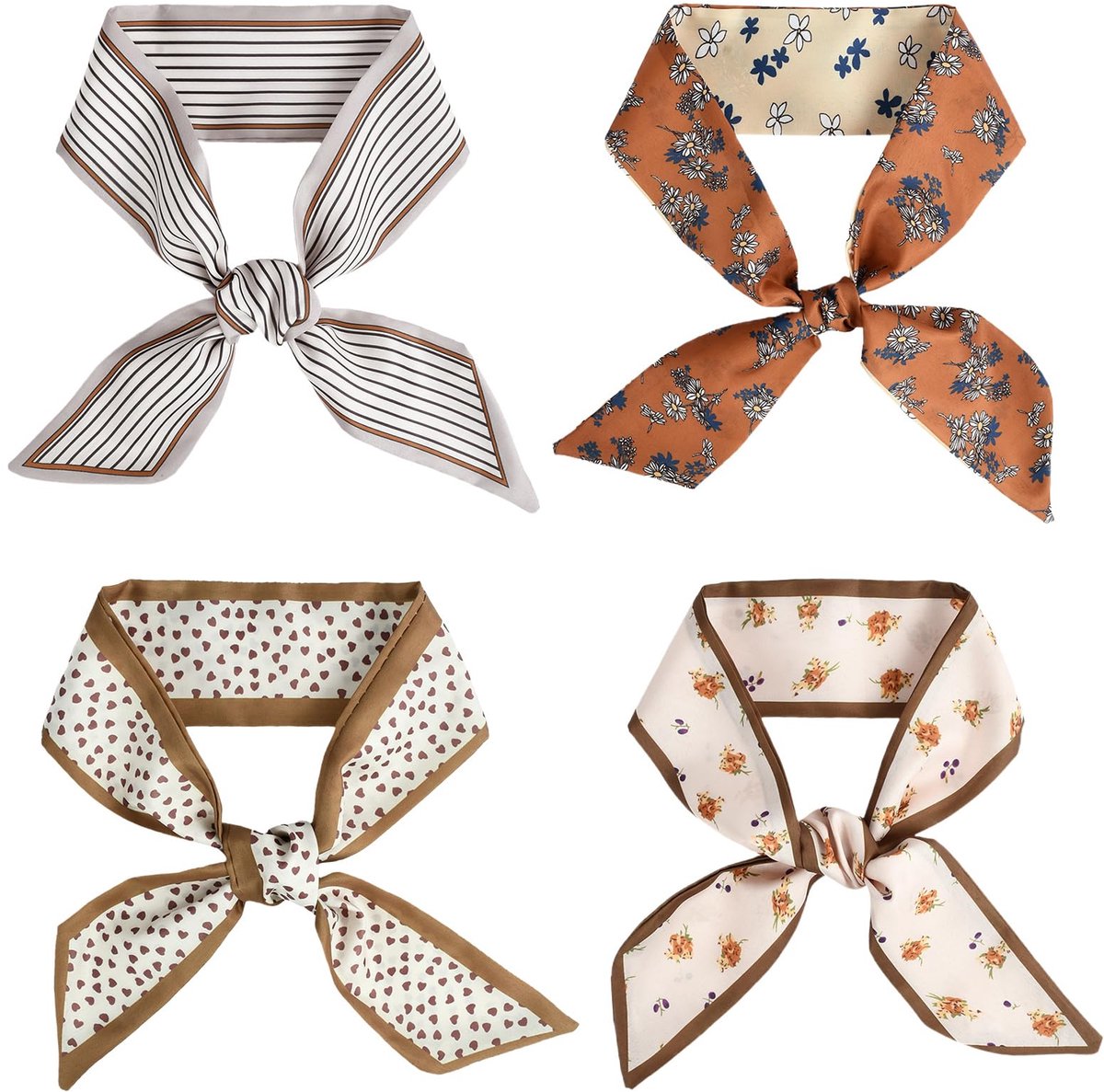 Hoofddoeken voor dames, 4 stuks zaksjaal, halsdoek van zijde, smalle lange sjaal, sjaal, accessoire voor tassen, haar, cadeau