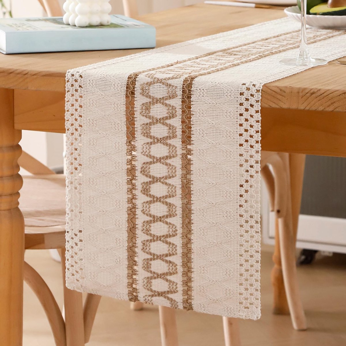 Tafelloper, jute, macramé, Boheems, vintage, geometrie, wit, tafelloper, wasbaar, katoen, tafelkleed, decoratie, bruiloft, feest, verjaardag, doop, 30 x 240 cm