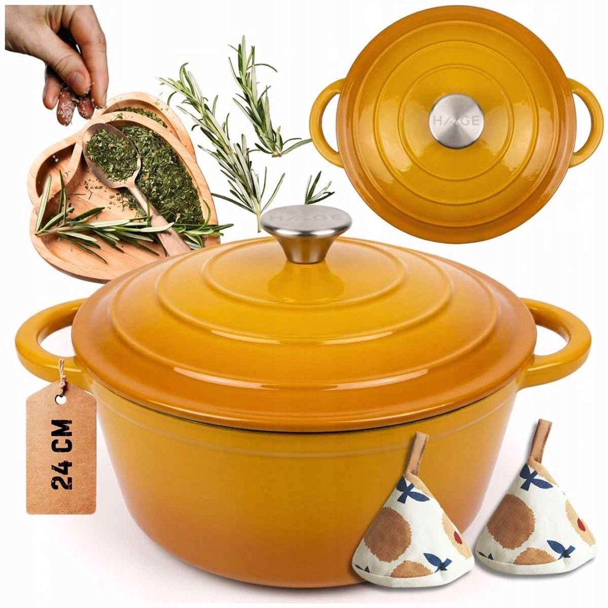 Hage - Kookpan - Gietijzeren Pot met Deksel - Geëmailleerd - Inductie & Oven Geschikt - Inclusief Mini Ovenhandschoenen & Onderzetter - Voor Braden, Stoven, Soep & Brood - 4 Liters - Ø24 cm - Mosterdgeel