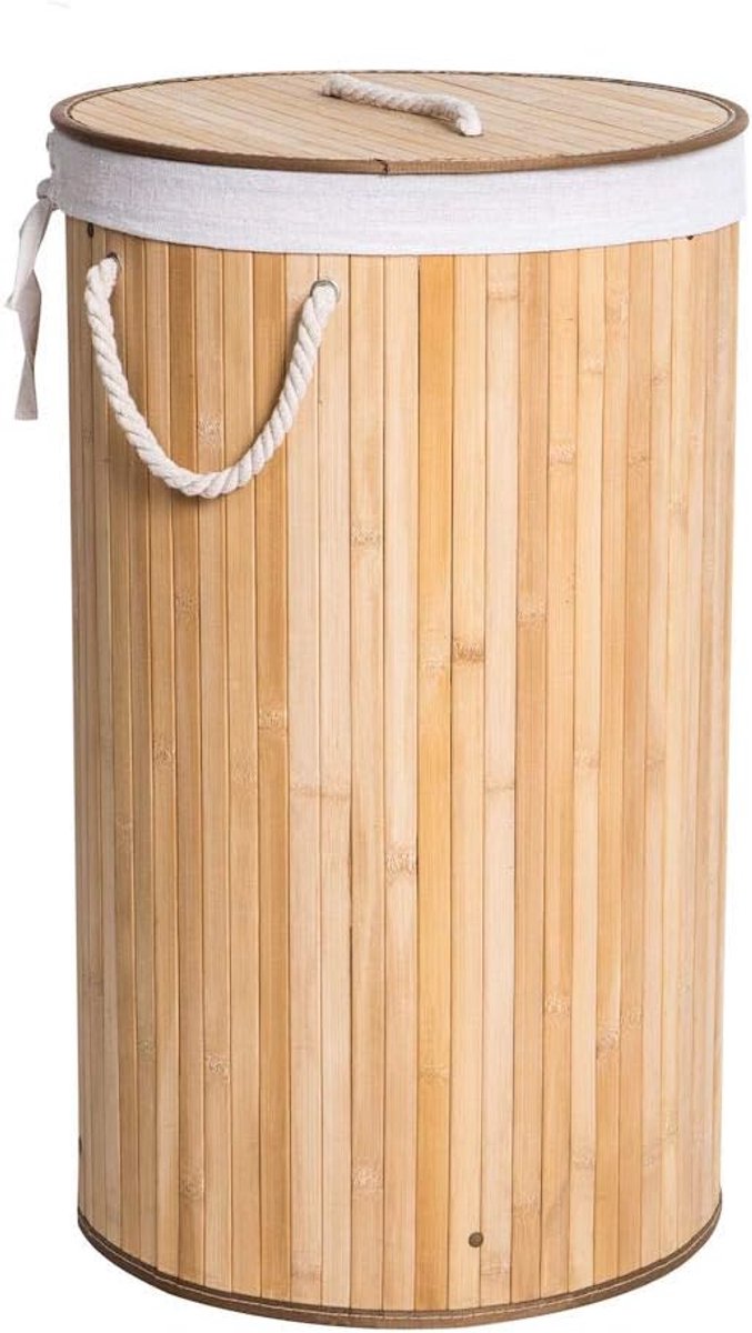 Ronde Bamboe Wasmand 1 vak met Deksel & stoffen Waszak - Bamboe wasbox wassorteerder Rond - Inhoud wasmand 80 liter - Wasmand voor wasgoed - Wasmanden Opvouwbaar - Wasmand met deksel - Kleur Wasmand: Naturel - Decopatent