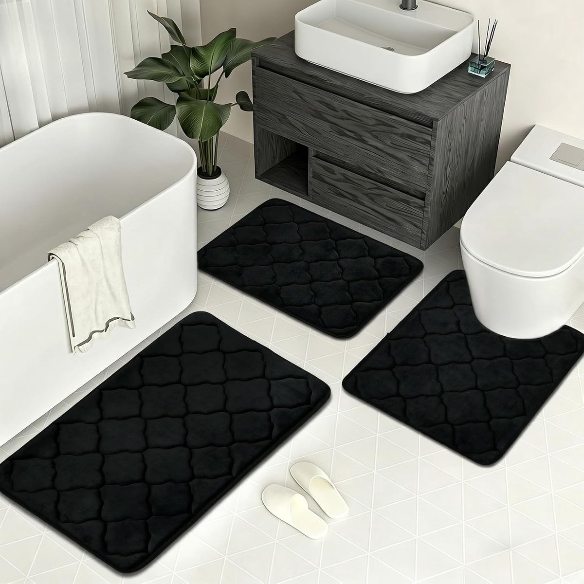 Badmatset 3 stuks ultrazachte traagschuim badkamermatten waterabsorberende badkamermattenset machinewasbaar bad- en toilettapijtenset voor vloer (zwart)