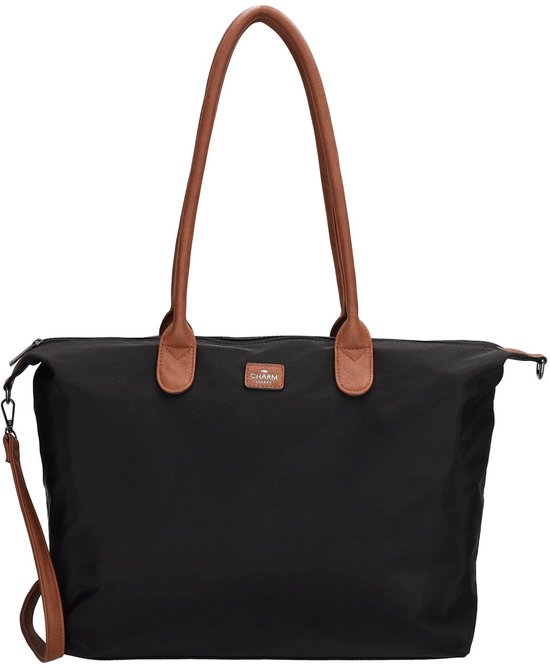 Zwarte nylon shopper van Charm London met bruine leren hengsels en een afneembare schouderband. Merklogo op de voorkant.