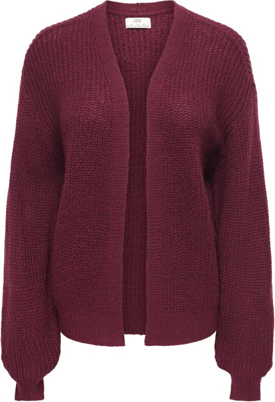 Cardigan bordeaux tricoté avec une ouverture devant et des manches ballons.