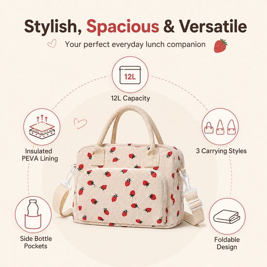 Koeltas - 12L Geïsoleerde Lunchtas met Verstelbare Schouderriem en Zijvakken - Opvouwbare Thermos Voedseltas voor Werk, Picknick en Reizen - Off-wit van Bobypet — afbeelding 3