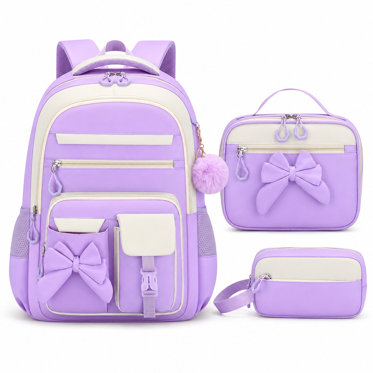 Meisjes Rugzak Set 3-delig - Schooltas Meisje met Geïsoleerde Lunchtas en Pennenzak - Ergonomische Kinderrugzak met Reflecterende Strips - Waterafstotende Boekentas voor Basisschool - Paars
