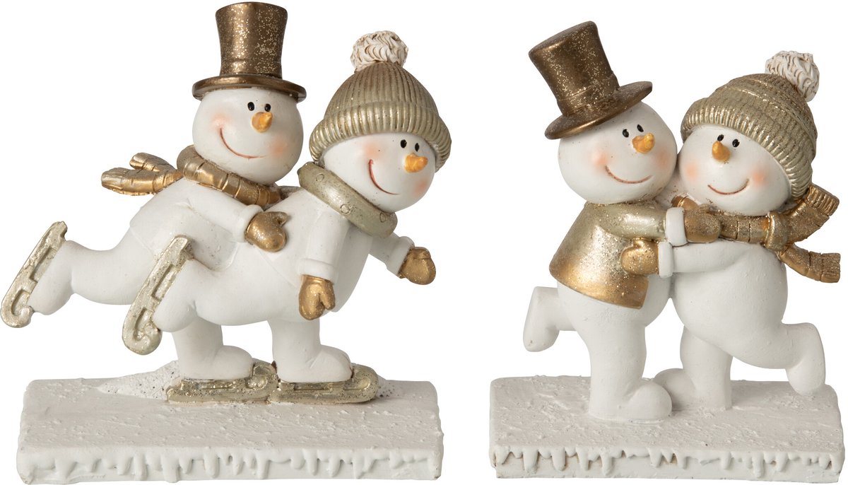 J-Line Sneeuwpoppenkoppel met schaatsen - steen - wit/goud - assortiment van 2