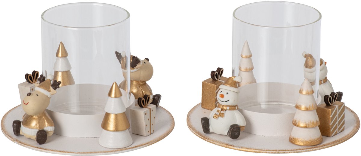 J-Line Rond windlicht sneeuwpop en rendier - ijzer - wit/goud - assortiment van 2