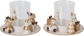 J-Line Rond windlicht sneeuwpop en rendier - ijzer - wit/goud - assortiment van 2