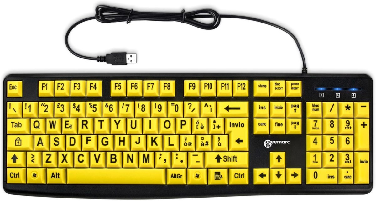 Geemarc, Bedraad USB-A Toetsenbord PC QWERTY Italiaans Grote Toetsen, Zwart / Geel