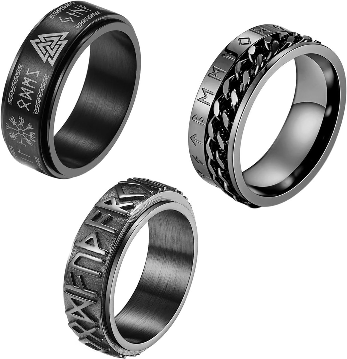 Ringen Set voor Mannen Vrouwen Draaibare Spinner Ringen, Fidget Ringen voor Stress Relief, Roestvrij Stalen Ringen, Meditatie Ringen Zwart Heren Viking Cool Bands Ringen