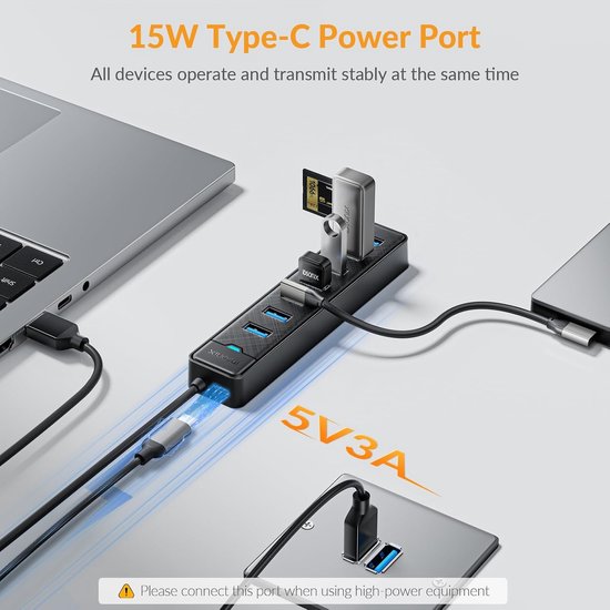 USB Hub - Poorten Uitbreider - Extra Apparaten - Snelle Dataoverdracht - 7 Poorten - Zwart — afbeelding 5