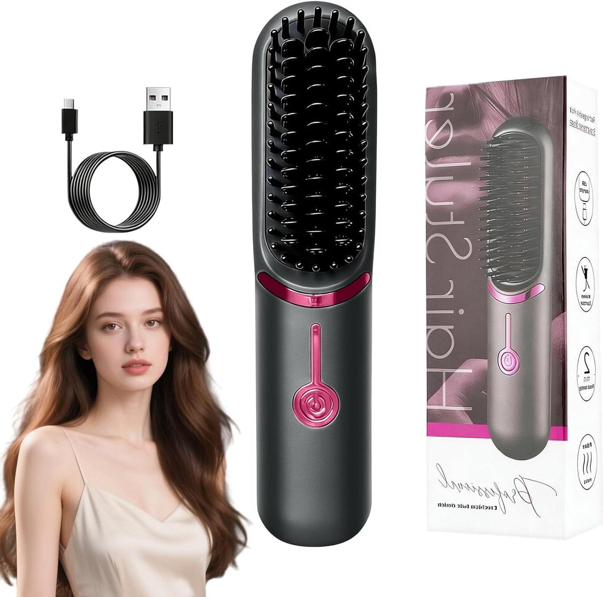 Draadloze Stijlborstel - Elektrische Stijltang - Haar Styling - Snelle Veilige Temperatuur - 3 Standen - Grijs